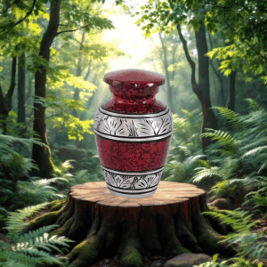 Mini Urn - Rood l Zilverkleurig Gegraveerd